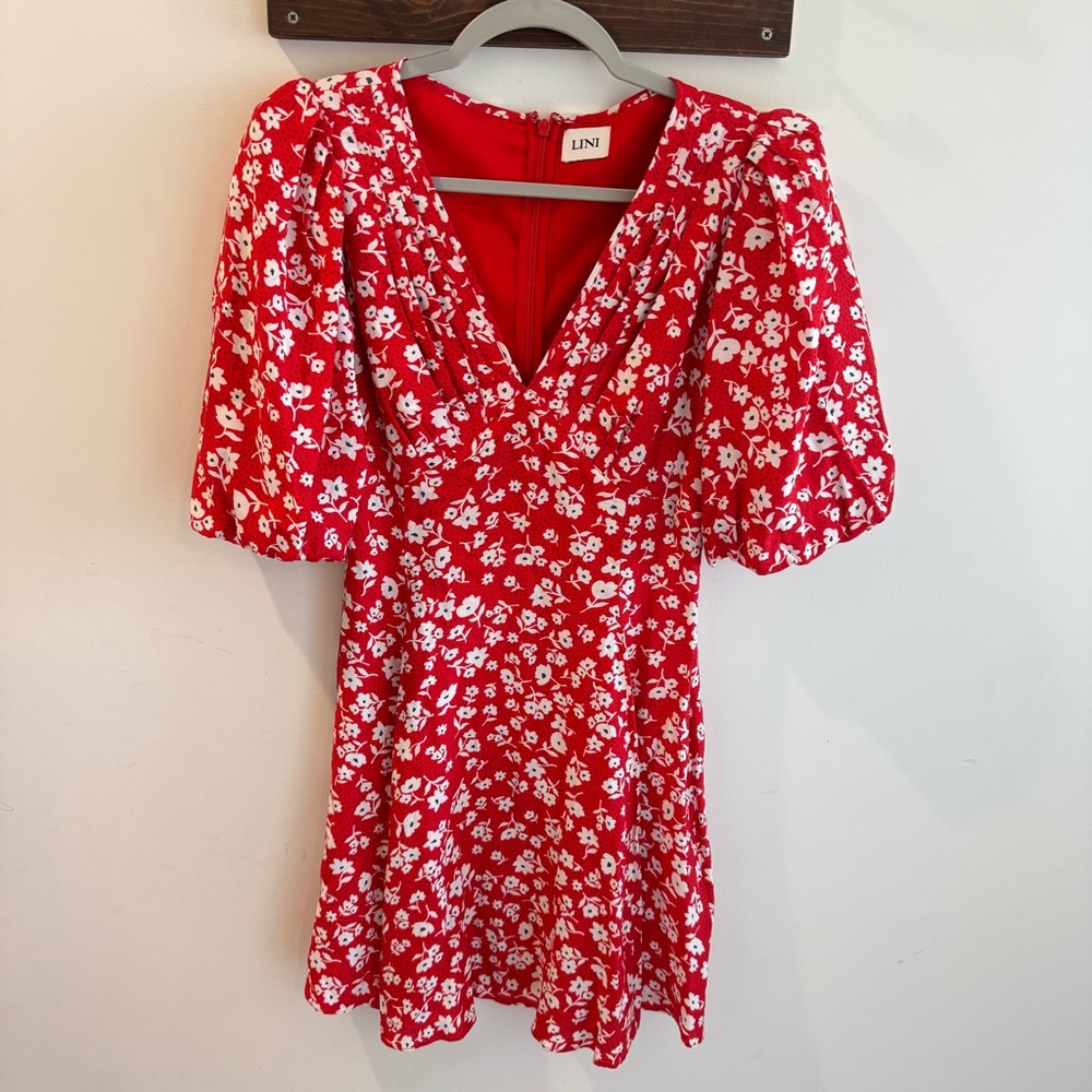 LINI Evie Puff‎ Sleeve Floral Mini Dress Red XS